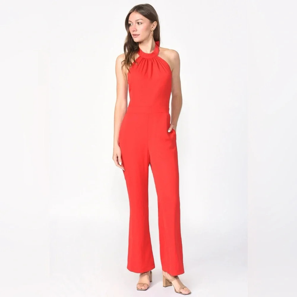Adelyn Rae Vena Crepe Halter Jumpsuit Red, 16634